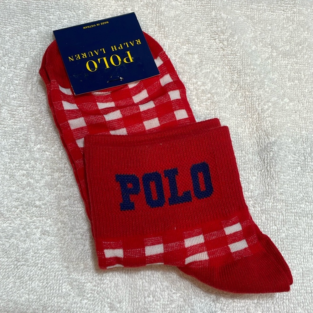 Polo Ralph Lauren logo plaid red ankle socks NWT, shoe sz 4-10
